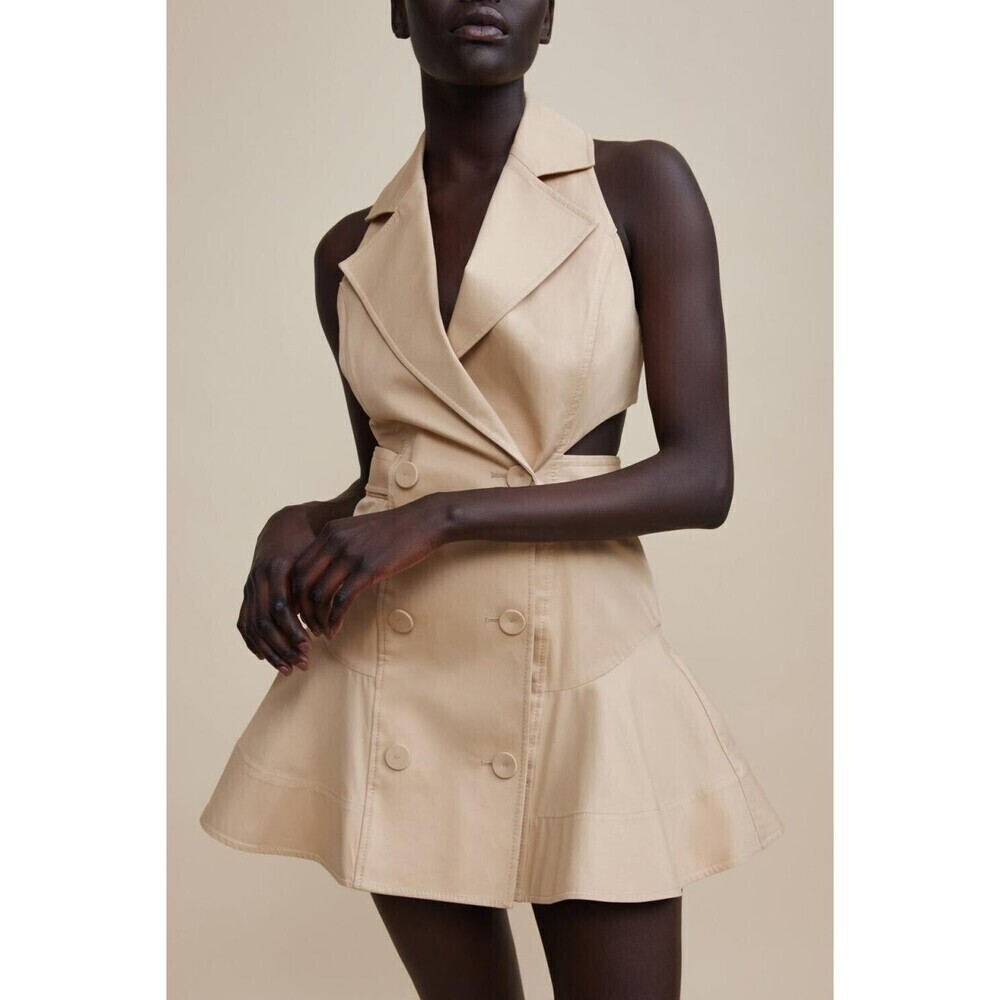 Acler Cut-Out Trench 100% Cotton Mini V-Neck Dress Beige AU 8 US 4